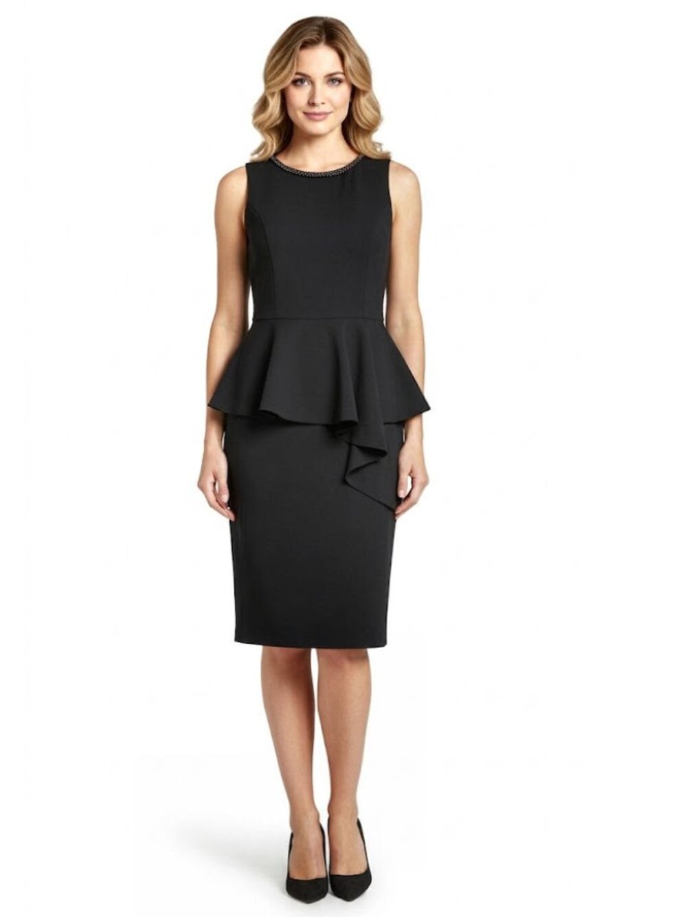 Eliza J Sleeveless Peplum Dress with Embellished Neckline, Black, Womens Size 10